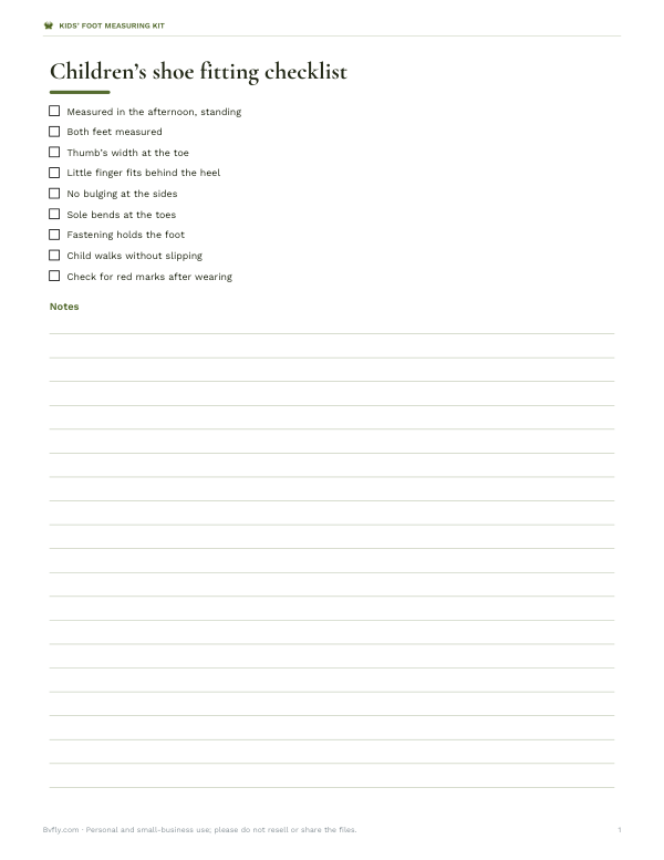Preview of Printable Children’s Shoe Fitting Checklist