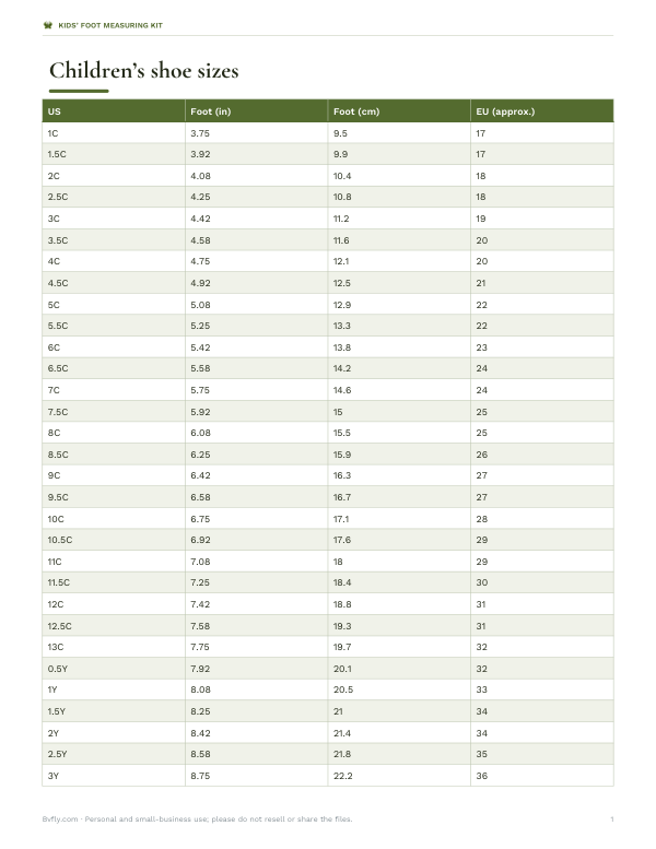 Preview of Printable Children's Shoe Size Chart